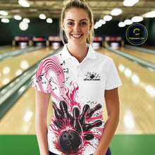 Load image into Gallery viewer, Female model wearing a white and pink bowling polo shirt at the bowling lane with musical bowling motifs and wave accents.