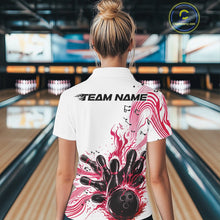 Load image into Gallery viewer, Back view of a female model in a white and pink bowling polo shirt displaying bowling strike graphics with music note details.