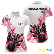Load image into Gallery viewer, Front and back views of a white and pink womens bowling polo shirt featuring bowling pins, a bowling ball, and flowing music note artwork.