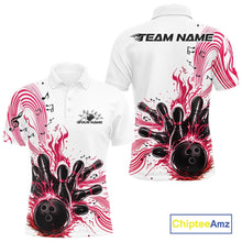 Load image into Gallery viewer, Front and back views of a white and pink mens bowling polo shirt showcasing bowling pins, a bowling ball, and music-themed wave artwork.