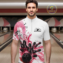 Load image into Gallery viewer, Male model wearing a white and pink bowling quarter-zip shirt at the bowling lane with musical bowling artwork and flowing note accents.