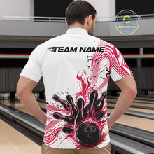 Load image into Gallery viewer, Front view of a male model in a white and pink bowling quarter-zip shirt showcasing bowling strike graphics and music note waves.