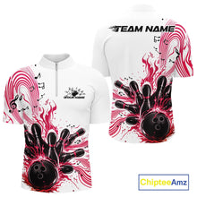 Load image into Gallery viewer, Front and back views of a white and pink mens bowling quarter-zip shirt featuring bowling pins, a bowling ball, and music-inspired wave graphics.