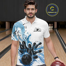 Load image into Gallery viewer, Male model wearing a white and blue bowling polo shirt at the bowling lane with music-inspired bowling graphics.