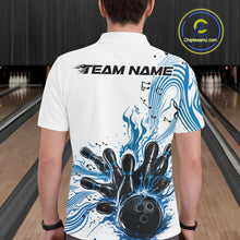 Load image into Gallery viewer, Back view of a male model in a white and blue bowling polo shirt displaying bowling strike artwork with musical wave details.