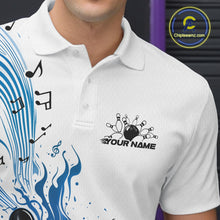 Load image into Gallery viewer, Close-up of the left chest on a white and blue bowling polo shirt featuring bowling graphics and flowing music note accents.