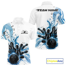Load image into Gallery viewer, Front and back views of a white and blue mens bowling polo shirt featuring a bowling ball striking pins with flowing music note waves.