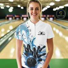 Load image into Gallery viewer, Female model in a white and blue bowling quarter-zip shirt at the lane with bowling-themed graphics and flowing musical accents.