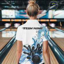 Load image into Gallery viewer, Back view of a female model wearing a white and blue bowling quarter-zip shirt displaying music-inspired bowling artwork.
