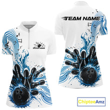 Load image into Gallery viewer, Front and back views of a white and blue womens bowling quarter-zip shirt featuring a bowling ball striking pins with music note waves.