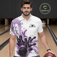 Load image into Gallery viewer, Male model wearing a white and purple bowling polo shirt at the bowling lane with musical bowling artwork and wave accents.