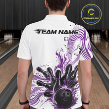 Load image into Gallery viewer, Back view of a male model in a white and purple bowling polo shirt featuring bowling strike artwork with flowing music note waves.