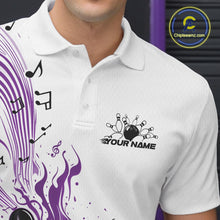 Load image into Gallery viewer, Left chest close-up of a white and purple bowling polo shirt showcasing bowling ball and pin graphics with musical wave accents.