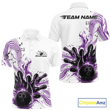 Load image into Gallery viewer, Front and back views of a white and purple mens bowling polo shirt featuring bowling pins, a bowling ball, and flowing music note graphics.