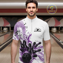 Load image into Gallery viewer, Male model wearing a white and purple bowling quarter-zip shirt at the bowling lane with flowing music-themed bowling artwork.