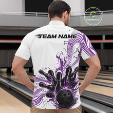 Load image into Gallery viewer, Front view of a male model in a white and purple bowling quarter-zip shirt displaying bowling strike graphics and musical wave details.