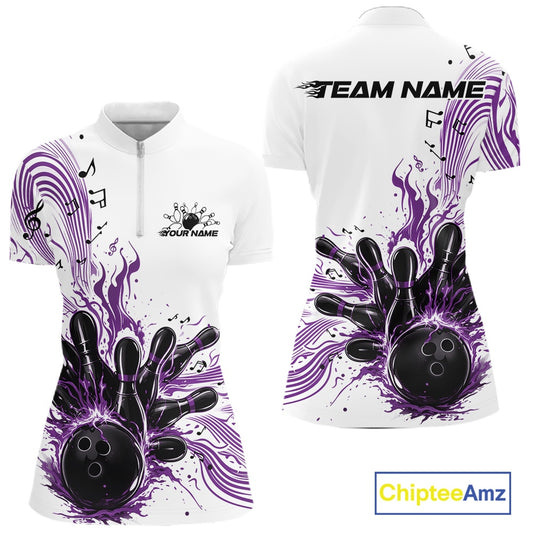 Front and back views of a white and purple womens bowling quarter-zip shirt showcasing bowling pins, a bowling ball, and music note wave accents.