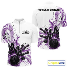 Load image into Gallery viewer, Front and back views of a white and purple mens bowling quarter-zip shirt featuring bowling pins, a bowling ball, and music note wave accents.