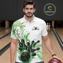 Load image into Gallery viewer, Male model wearing a white and green bowling polo shirt at the lane with music-inspired bowling graphics and wave accents.