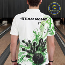 Load image into Gallery viewer, Back view of a male model in a white and green bowling polo shirt showcasing bowling strike artwork with flowing music notes.