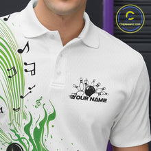 Load image into Gallery viewer, Left chest close-up of a white and green bowling polo shirt featuring bowling graphics and music note wave accents.