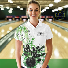 Load image into Gallery viewer, Female model wearing a white and green bowling polo shirt at the lane with music-inspired bowling graphics and wave accents.