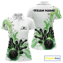 Load image into Gallery viewer, Front and back views of a white and green womens bowling polo shirt featuring a bowling ball striking pins with flowing music note waves.
