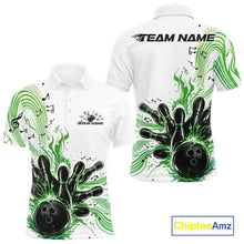 Load image into Gallery viewer, Front and back views of a white and green mens bowling polo shirt featuring a bowling ball striking pins with flowing music note waves.