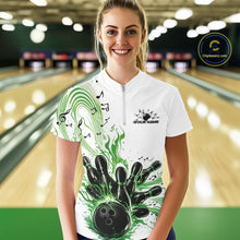 Load image into Gallery viewer, Female model wearing a white and green bowling quarter-zip shirt at the lane with bowling strike artwork and music-themed wave graphics.