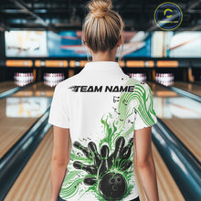 Load image into Gallery viewer, Back view of a female model in a white and green bowling quarter-zip shirt displaying music note waves and bowling pin artwork.