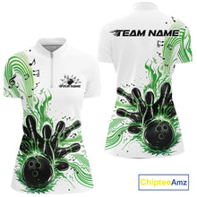 Load image into Gallery viewer, Front and back views of a white and green womens bowling quarter-zip shirt featuring a bowling ball striking pins with flowing music note waves.