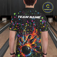 Load image into Gallery viewer, Back view of a male model in a black bowling polo shirt featuring colorful music-themed bowling graphics.