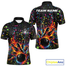 Load image into Gallery viewer, Front and back views of a black mens bowling polo shirt showcasing a flaming bowling ball striking pins with colorful paint splatter graphics.