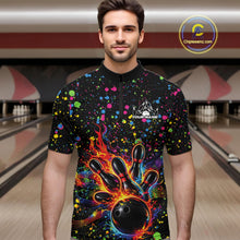 Load image into Gallery viewer, Male model wearing a black bowling quarter-zip shirt at the lane with vibrant music-themed splatters and bowling strike artwork.
