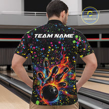 Load image into Gallery viewer, Front view of a male model in a black bowling quarter-zip shirt featuring colorful paint splatter bowling graphics.