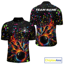 Load image into Gallery viewer, Front and back views of a black mens bowling quarter-zip shirt with a flaming bowling ball striking pins and colorful paint splatter graphics.