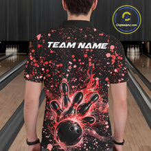 Load image into Gallery viewer, Back view of a male model in a black bowling polo shirt showcasing fiery bowling artwork and red music-inspired details.