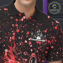 Load image into Gallery viewer, Close-up left chest detail of a black bowling polo shirt featuring flaming bowling graphics with red paint splashes.