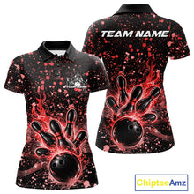 Load image into Gallery viewer, Front and back views of a black womens bowling polo shirt featuring flaming bowling artwork with red paint splatter accents.