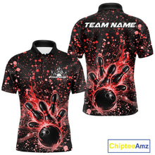 Load image into Gallery viewer, Front and back views of a black mens bowling polo shirt featuring flaming bowling artwork with red paint splatter details.