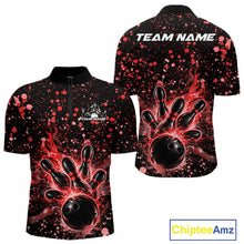 Load image into Gallery viewer, Front and back views of a black mens bowling quarter-zip shirt featuring flaming bowling artwork with red paint splatter music accents.