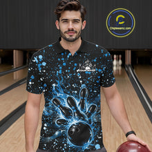 Load image into Gallery viewer, Male model wearing a black bowling polo shirt at the lane with blue music-themed splatter accents and bowling graphics.