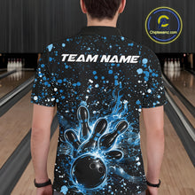 Load image into Gallery viewer, Back view of a male model in a black bowling polo shirt featuring blue paint splatter bowling artwork.