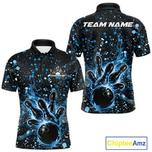 Load image into Gallery viewer, Front and back views of a black mens bowling polo shirt showcasing a flaming bowling ball striking pins with blue paint splatter artwork.