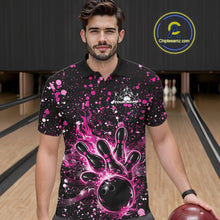 Load image into Gallery viewer, Male model wearing a black bowling polo shirt at the bowling lane with pink music-inspired bowling graphics.