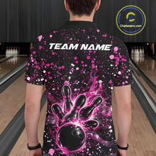 Load image into Gallery viewer, Back view of a male model in a black bowling polo shirt displaying fiery bowling artwork and pink paint accents.