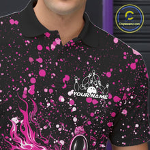 Load image into Gallery viewer, Close-up of the left chest on a black bowling polo shirt featuring flaming bowling pins and pink splatter graphics.