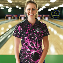 Load image into Gallery viewer, Female model wearing a black bowling polo shirt at the lane with pink music-themed paint splatters and bowling graphics.