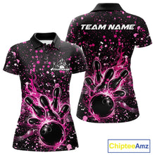Load image into Gallery viewer, Front and back views of a black womens bowling polo shirt featuring a flaming bowling ball striking pins with pink paint splatter artwork.