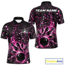 Load image into Gallery viewer, Front and back views of a black mens bowling polo shirt featuring a flaming bowling ball striking pins with pink paint splatter artwork.